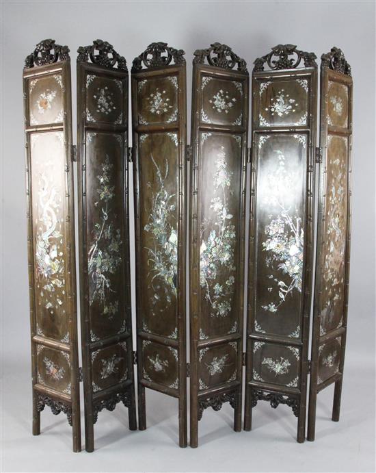 An early 20th century Chinese rosewood six fold screen